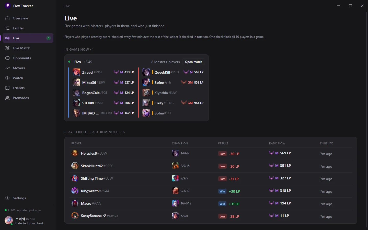 Live Flex games and players who finished in the last 10 minutes