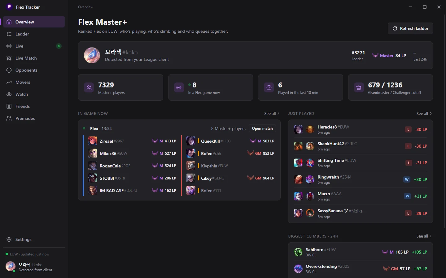 Flex Tracker overview with live games, recent results and top climbers