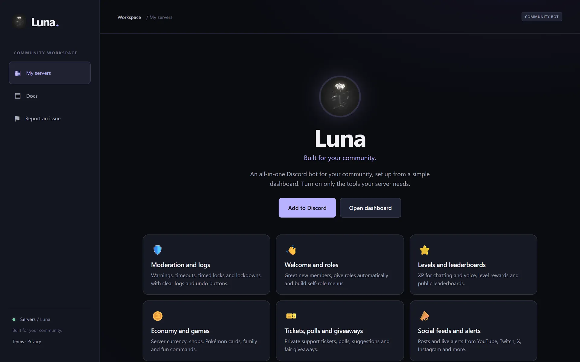 Luna's website home page with Add to Discord and Open dashboard buttons