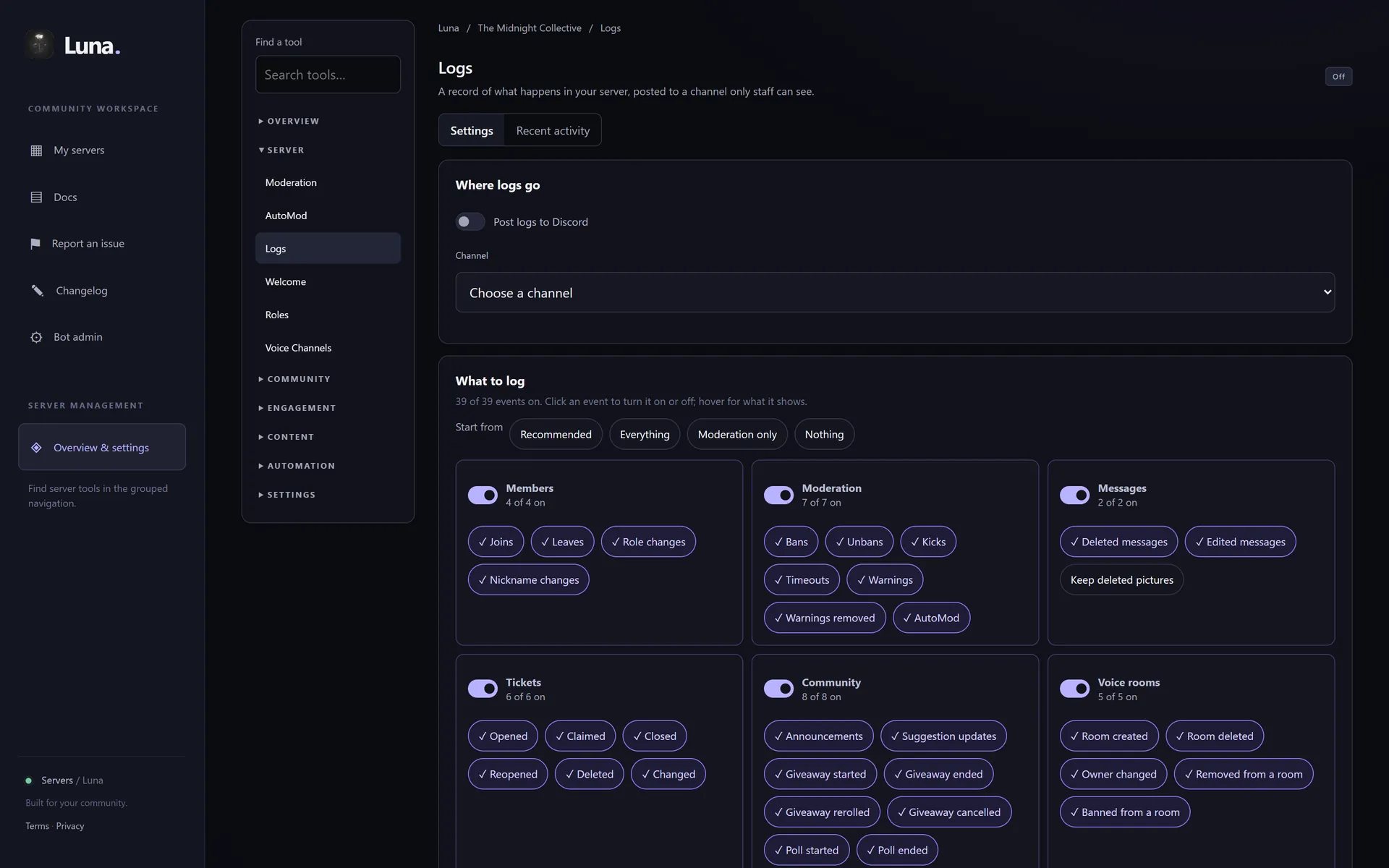 Logs settings with event groups for members, moderation, messages, tickets, community and voice
