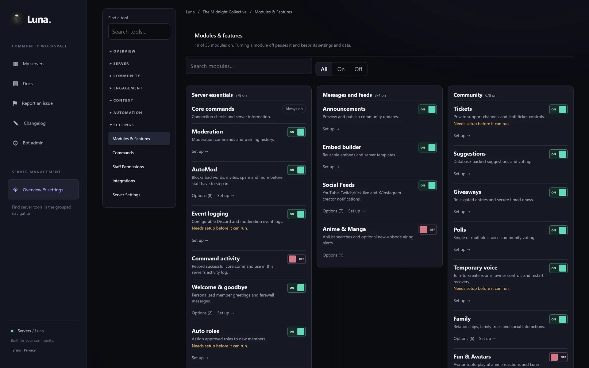 Modules and features page with on and off switches grouped by category