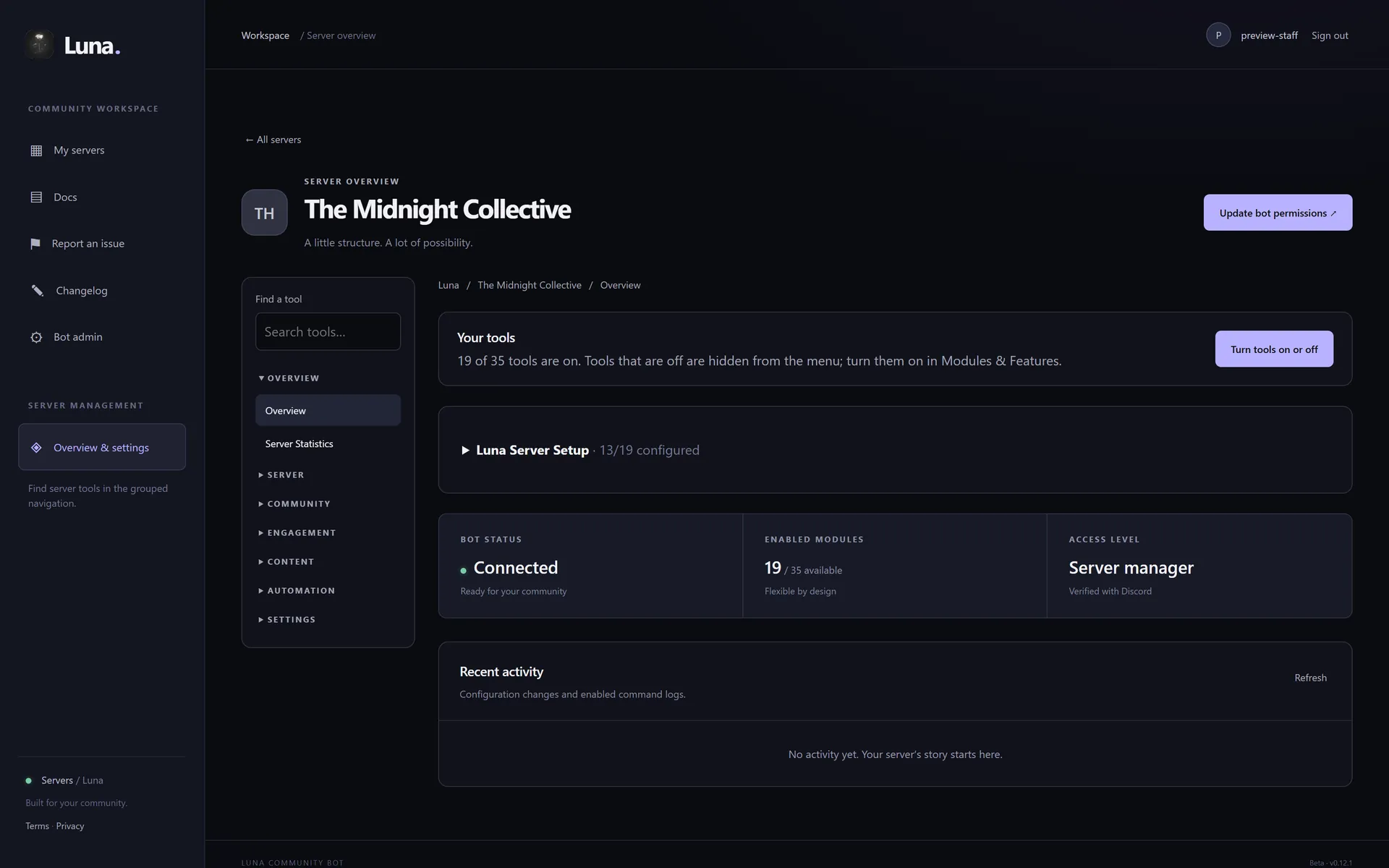 Server overview showing enabled tools, setup progress and bot status