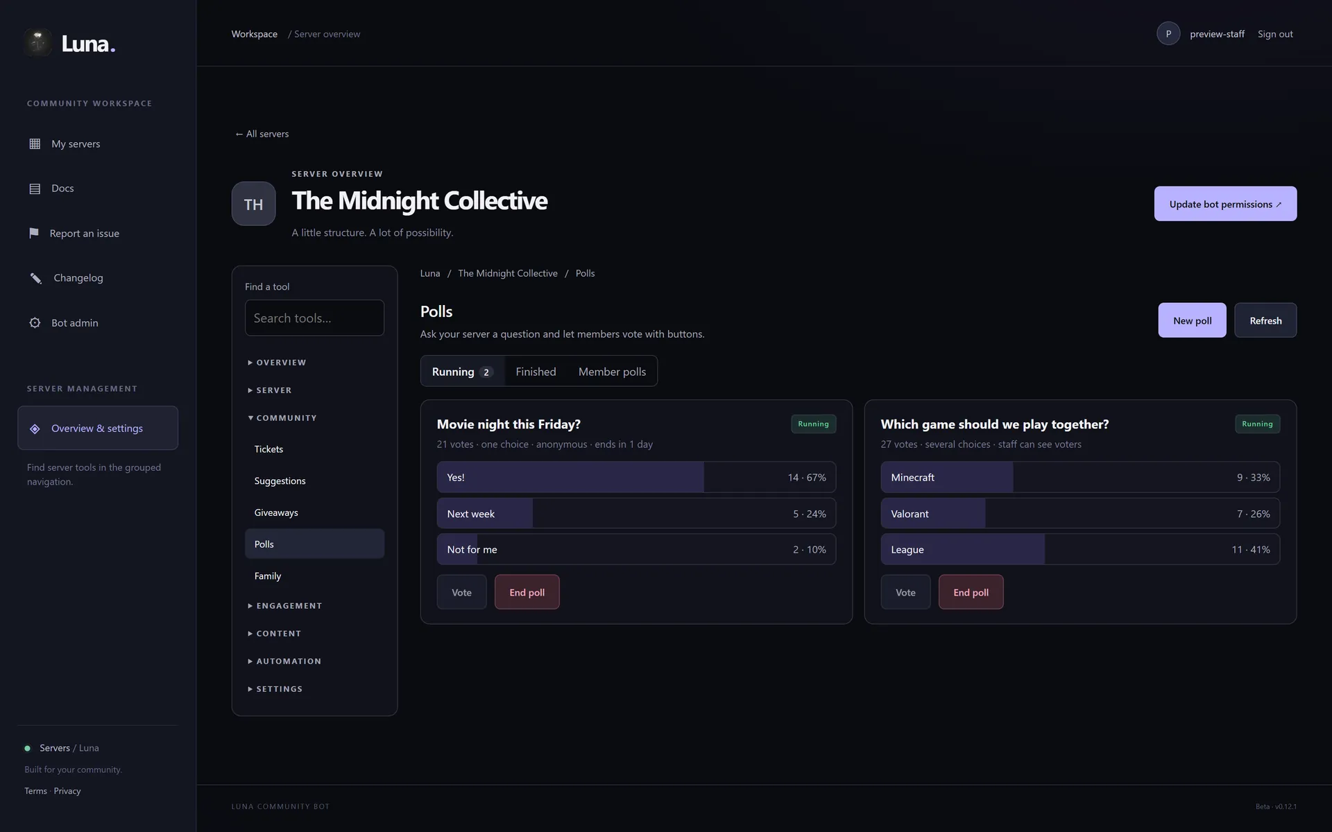 Polls page showing two running polls with live results