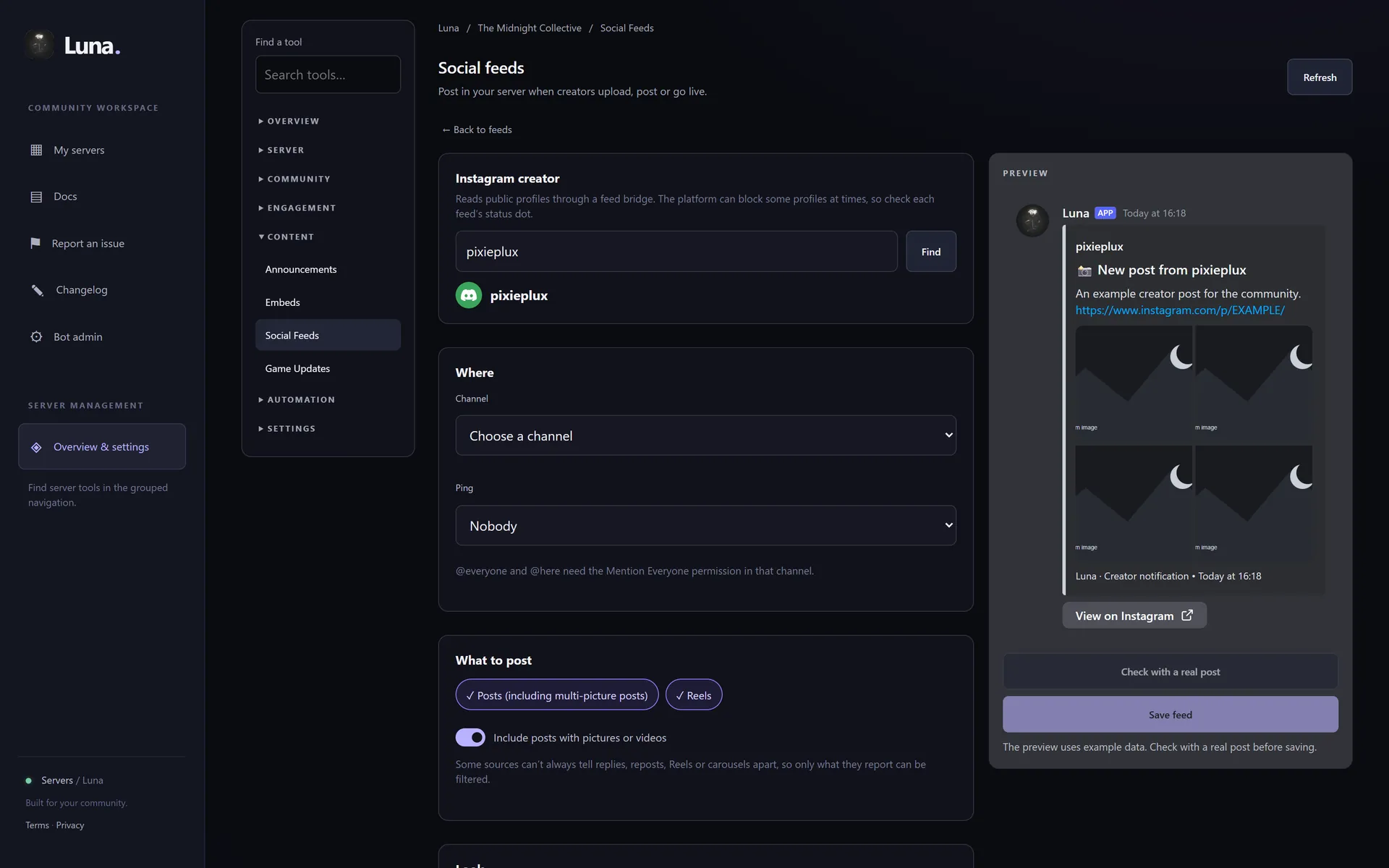 Social feed editor for an Instagram creator with a Discord post preview