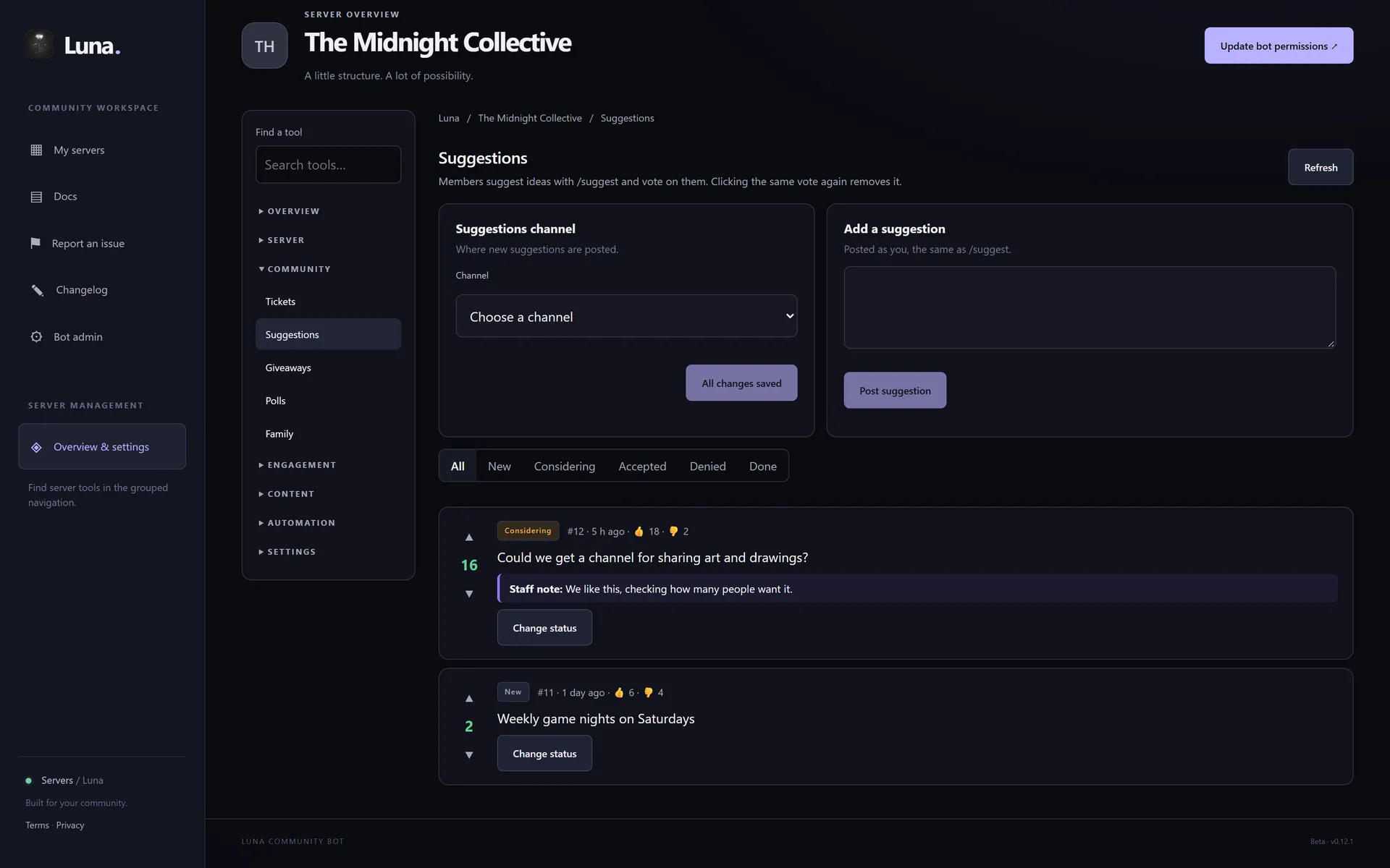 Suggestions board with votes, statuses and a staff note