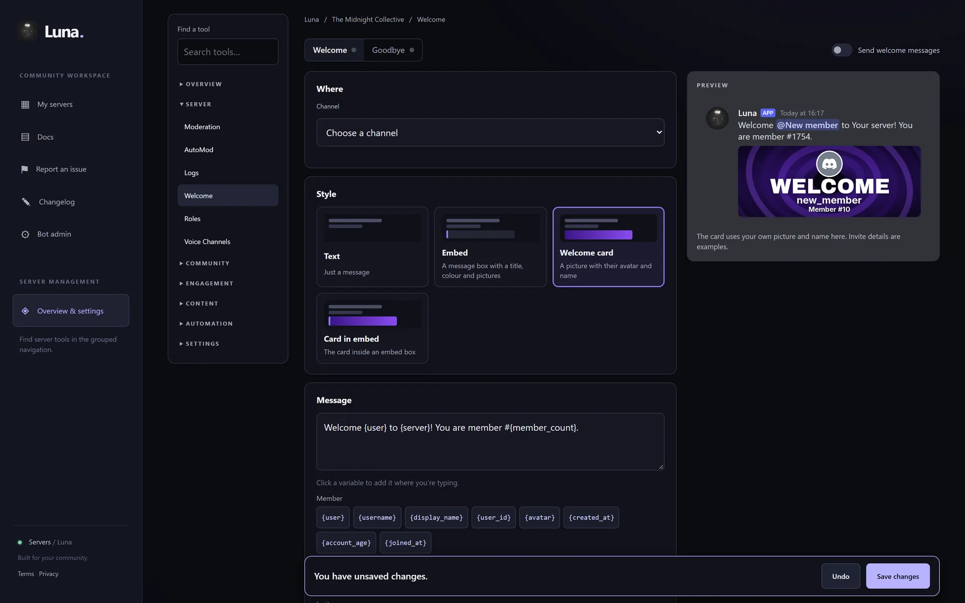 Welcome settings with a welcome card image shown in a live Discord preview
