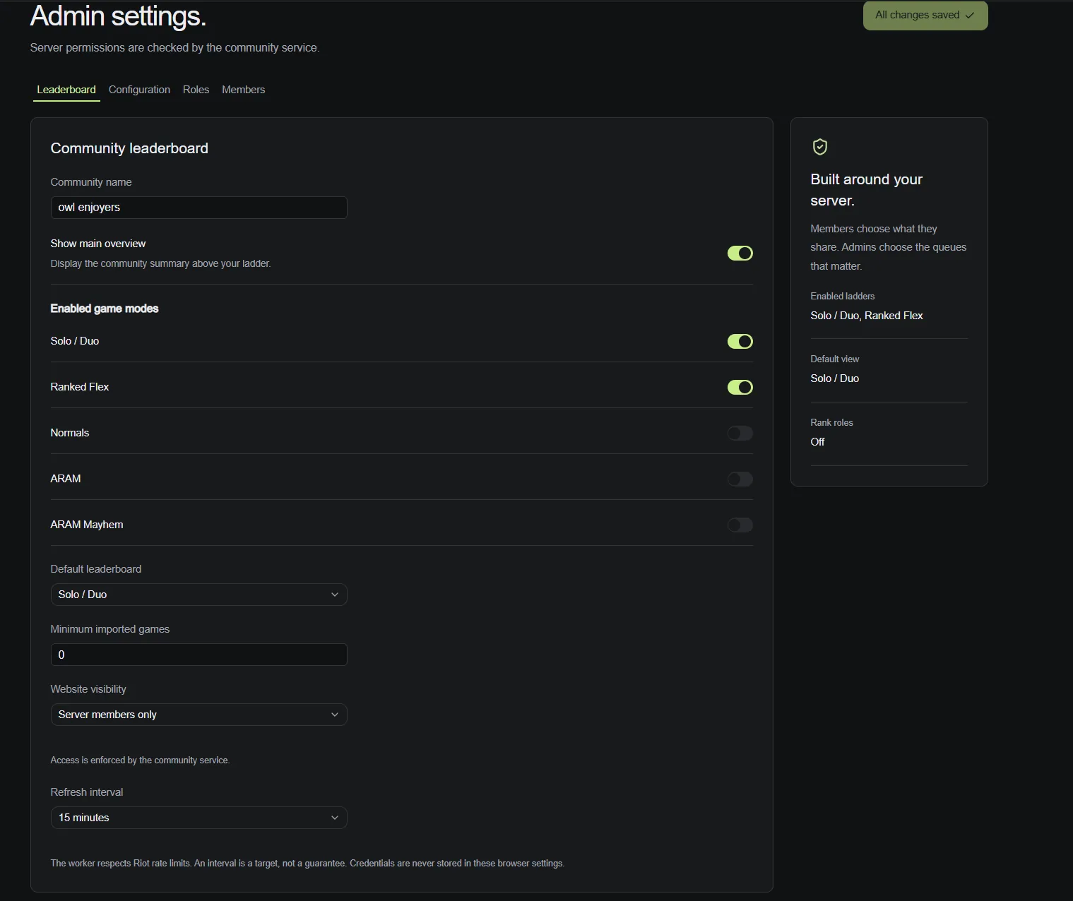 Community admin settings for game modes, visibility and refresh interval