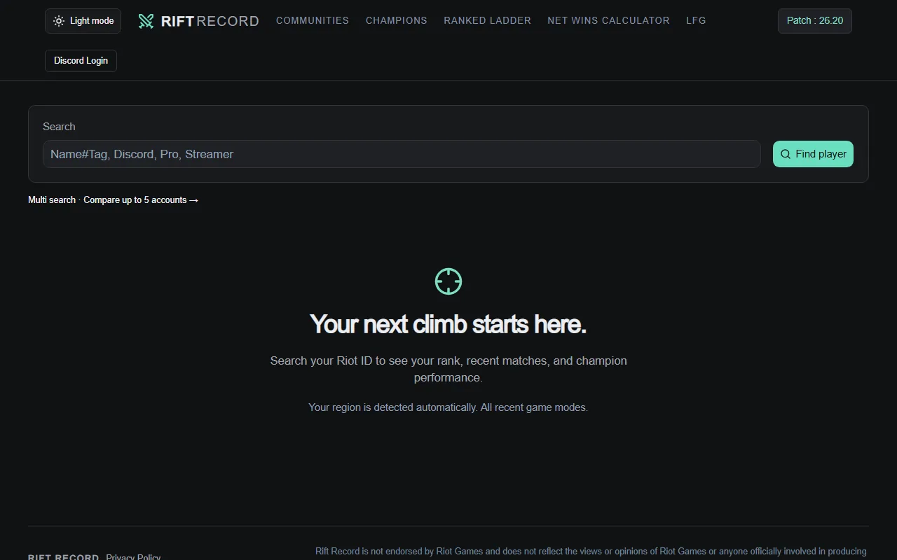 Rift Record home page with player search