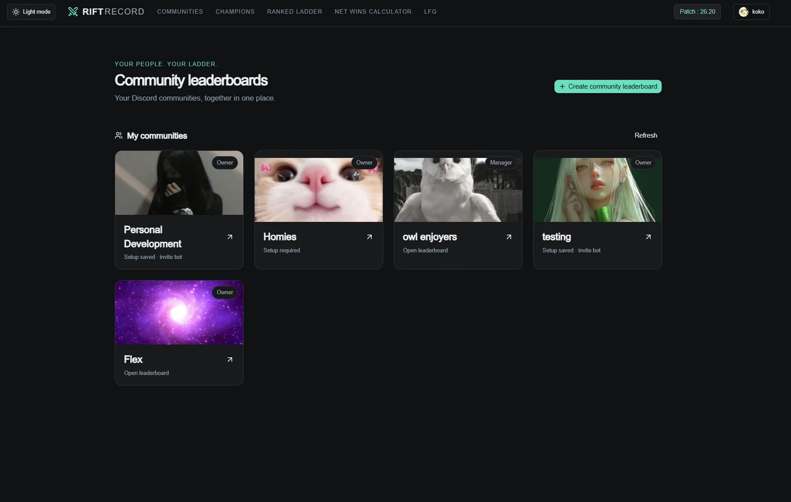 My communities page listing Discord communities with leaderboards